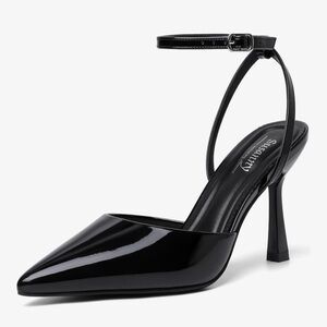 Susanny Black Patent Pointed-Toe Ankle-Strap Heels